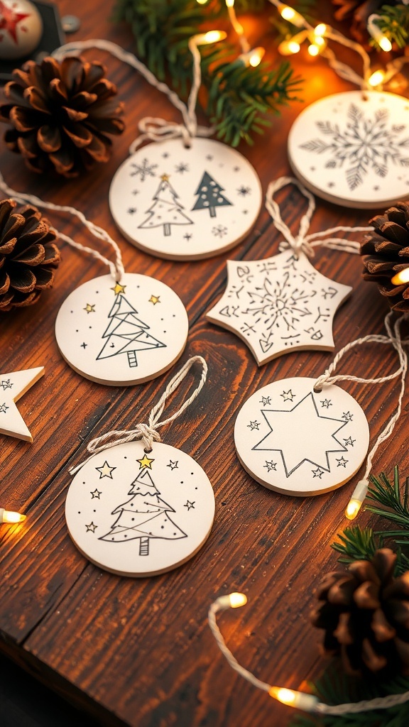Hand-drawn Christmas ornaments with doodles of snowflakes and trees on a wooden table with festive decorations.